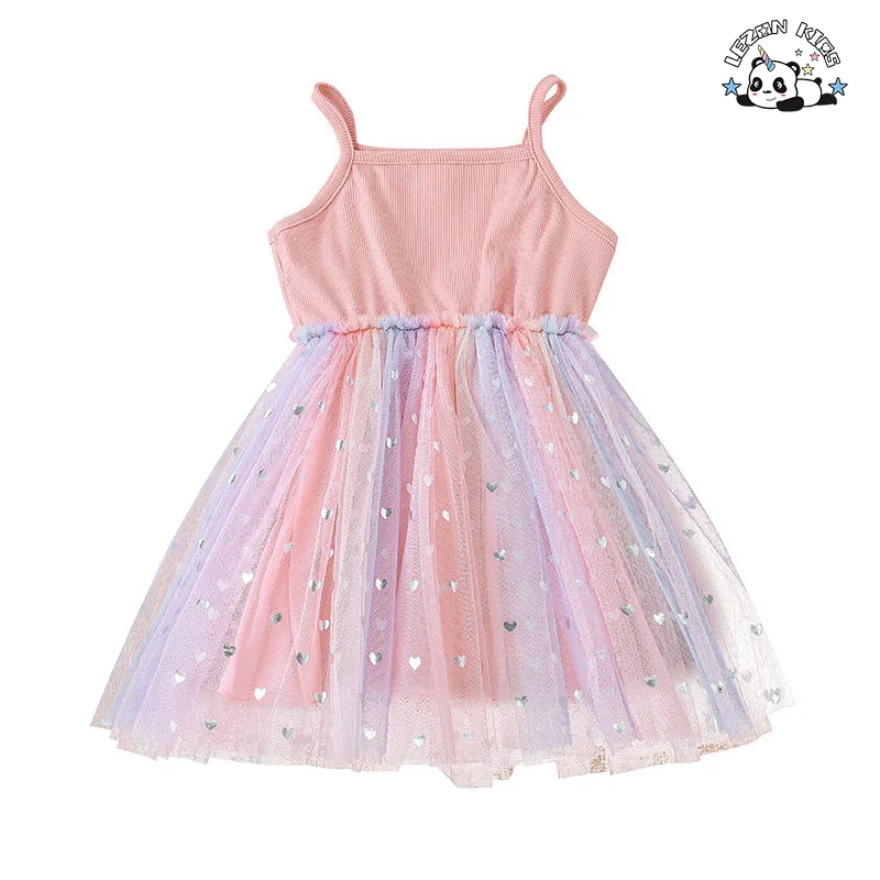 LEZONKIDS - Fornecimento de fábrica de vestido sem mangas de malha macia e confortável para meninas, vestido de tule para meninas